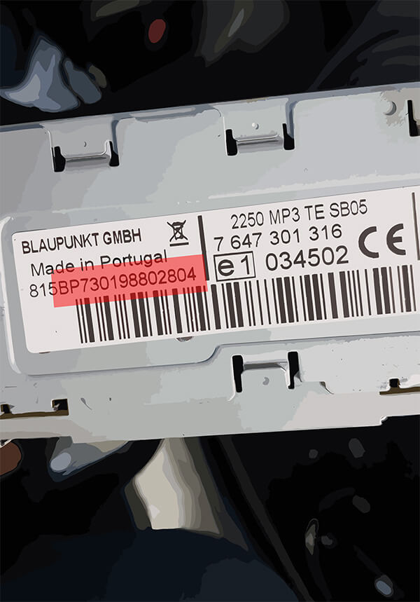 Find the serial number of your Blaupunkt GmbH unit on the back label; usually it starts with 'BP'. The location varies, being either above or below the barcode. Example of a few valid serial numbers: